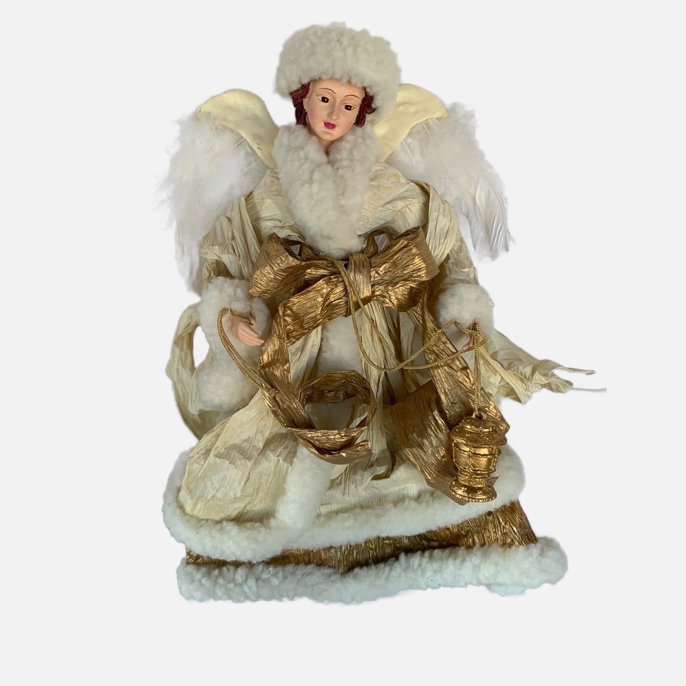 Vtg Paper Mache Fabric Faux Fur Angel Tree Topper Table Decor Cream Gold 16"